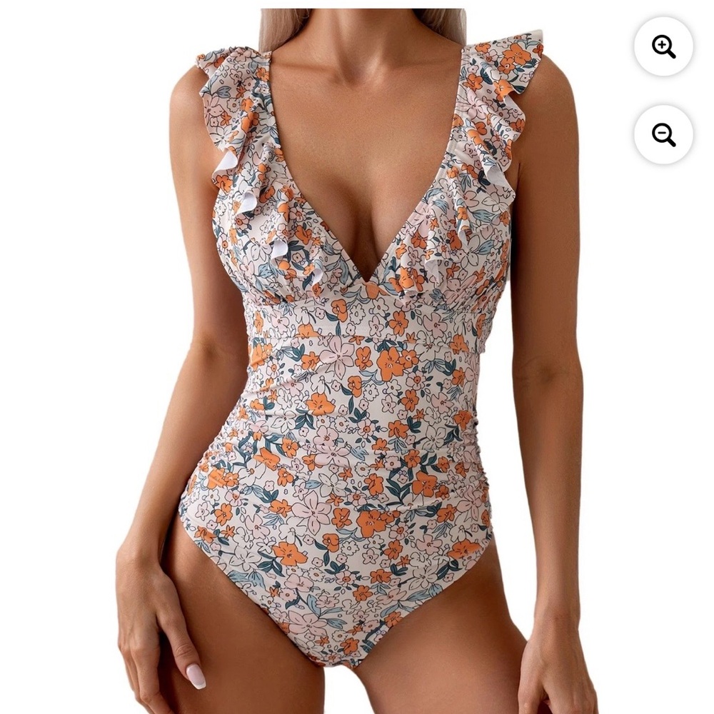 NWT Cupshe Deep V- Neck Orange /Beige Floral Ruffle  One Piece Swimsuit Size S